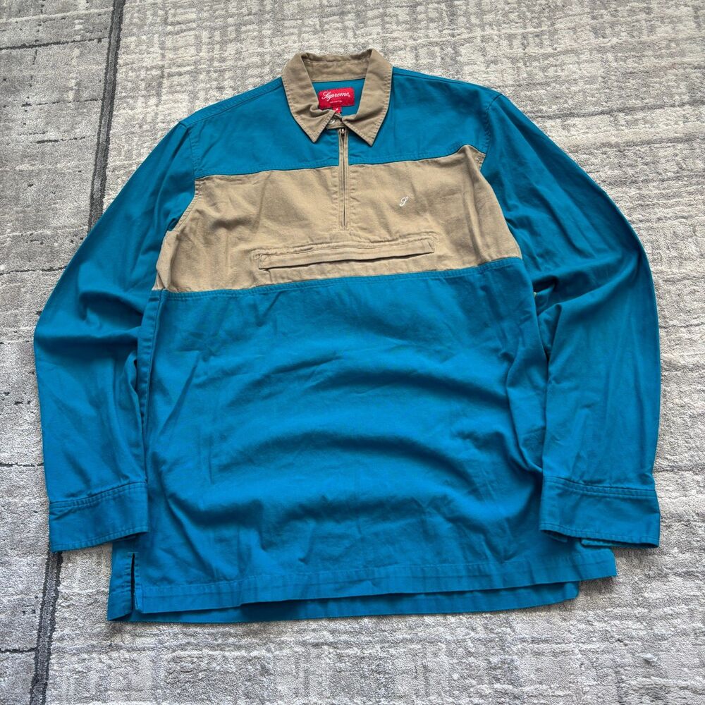 Supreme Mens Medium Colorblock Half Zip Long Sleeve Canvas Shirt Teal Tan S Logo